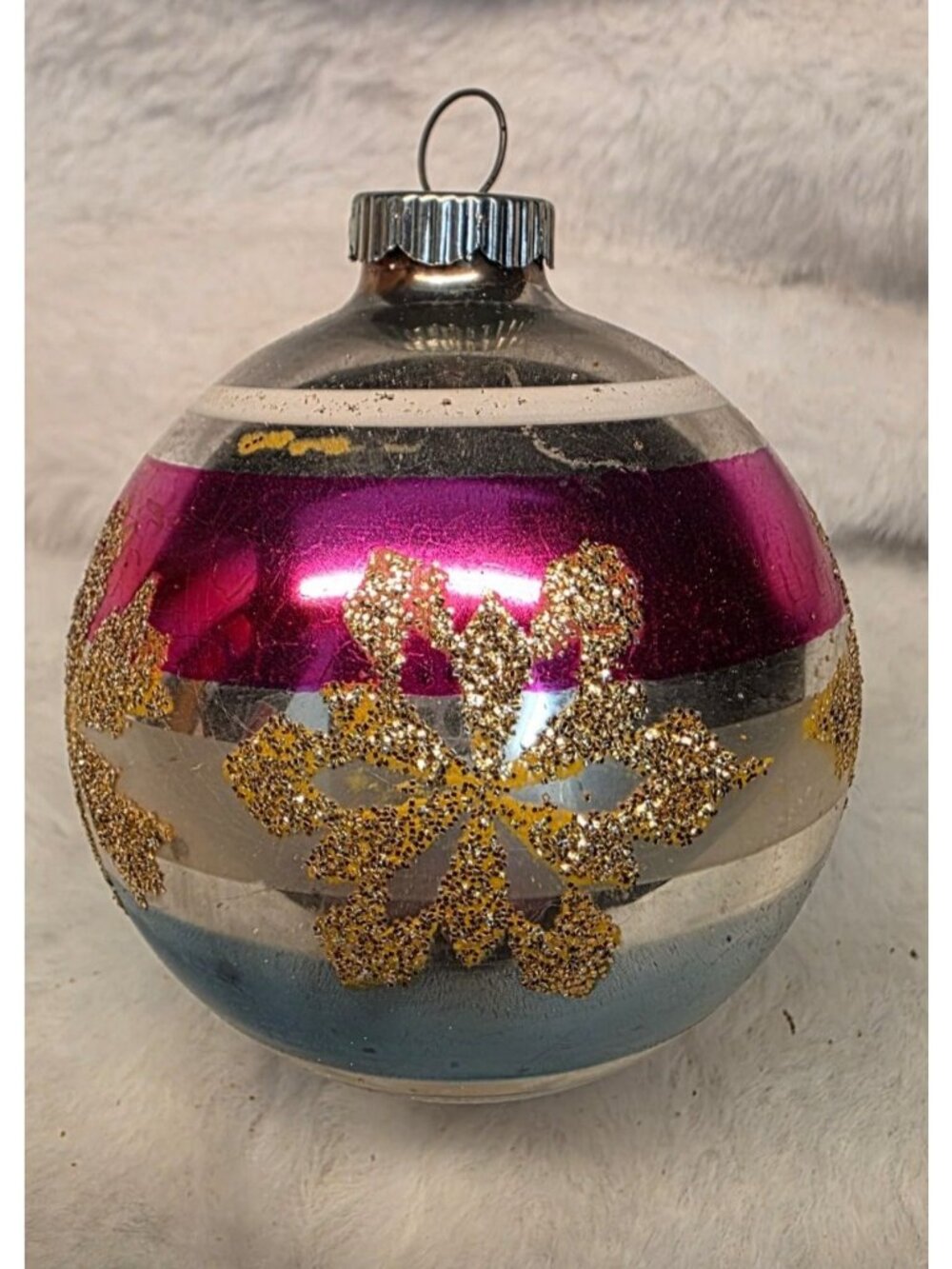 Vintage 3" Mercury Glass Striped Stenciled Mica Christmas Ornament Shiny Brite